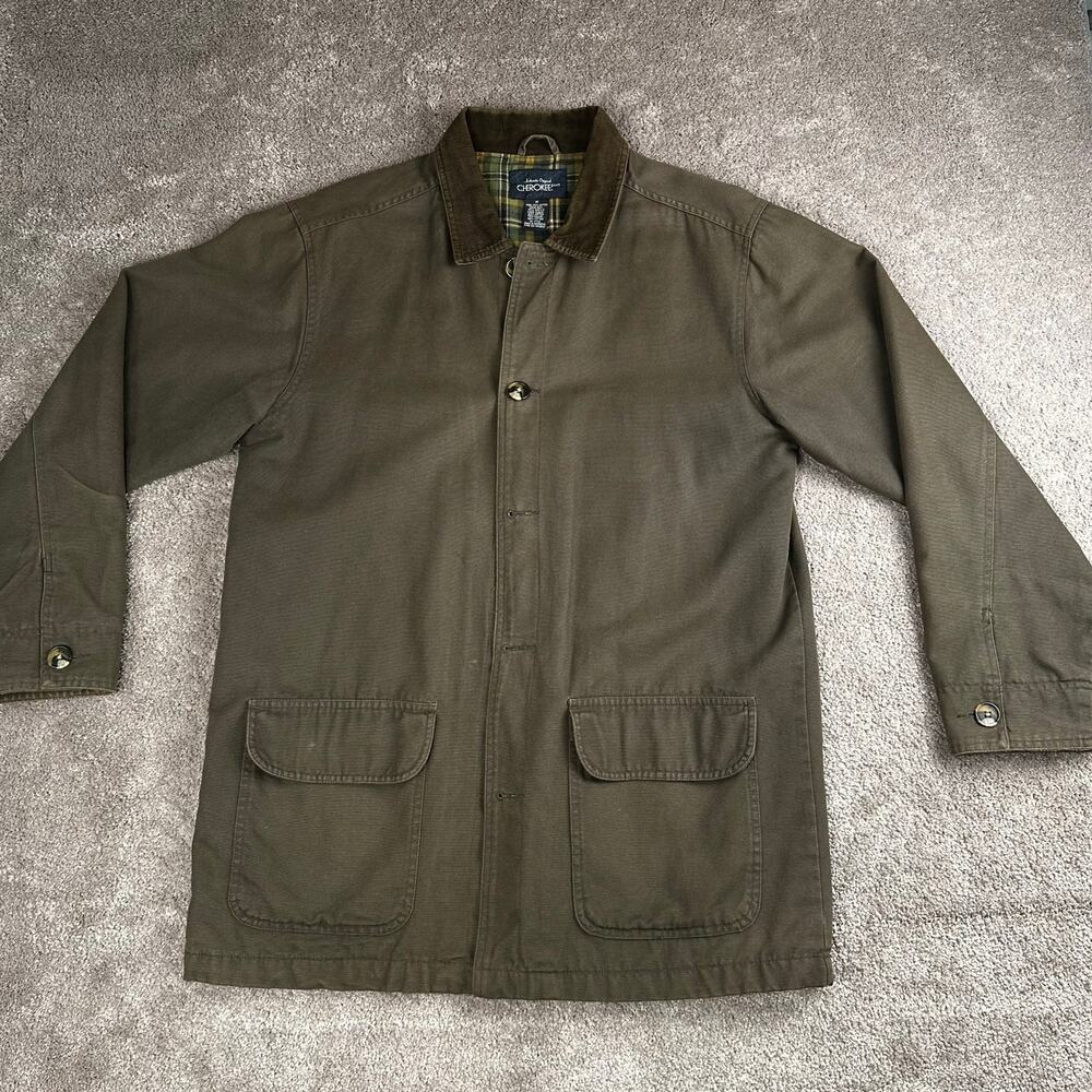 Cherokee Size M Olive Canvas Chore Coat Flannel Lined Corduroy Collar 90s